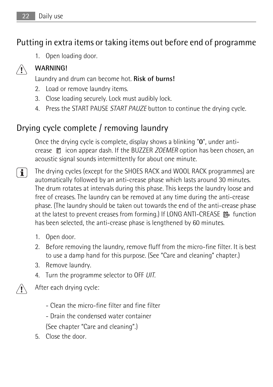 Drying cycle complete / removing laundry | Electrolux 58840R User Manual | Page 22 / 44