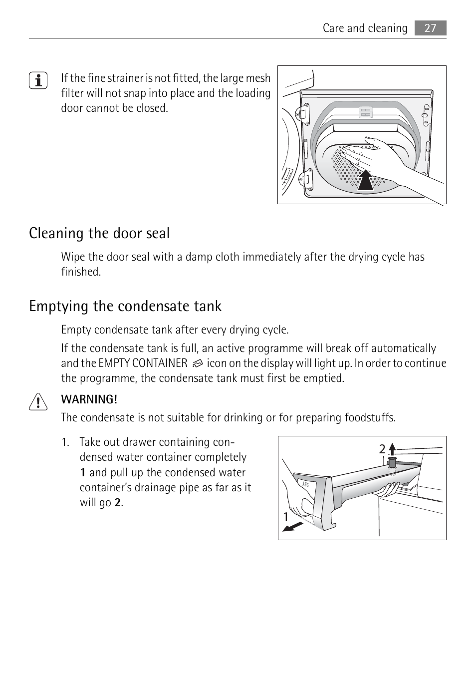 Cleaning the door seal, Emptying the condensate tank | Electrolux 58840R User Manual | Page 27 / 44