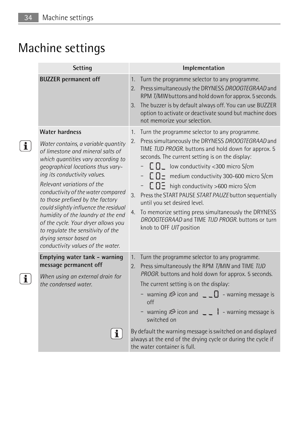 Machine settings | Electrolux 58840R User Manual | Page 34 / 44