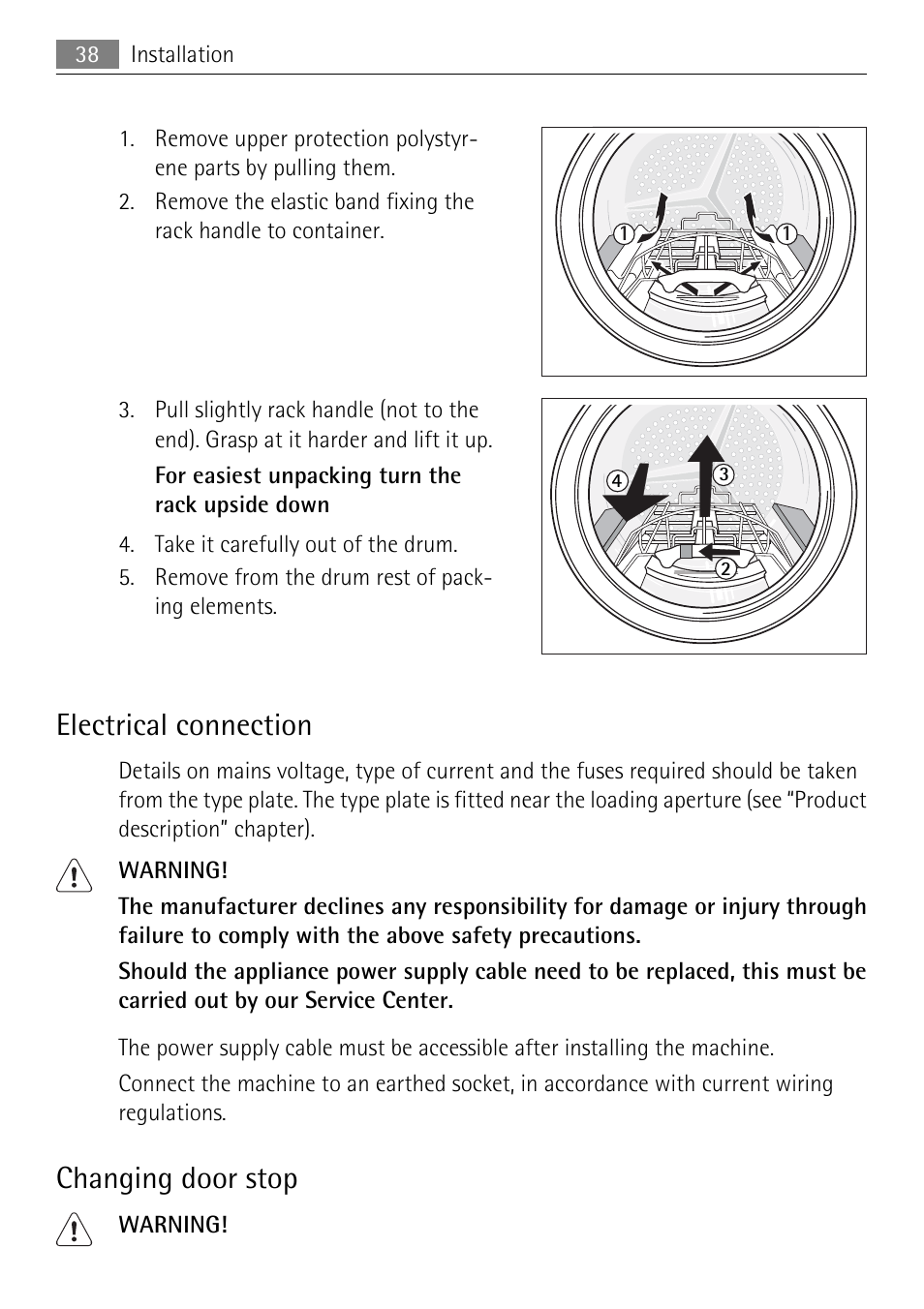 Electrical connection, Changing door stop | Electrolux 58840R User Manual | Page 38 / 44