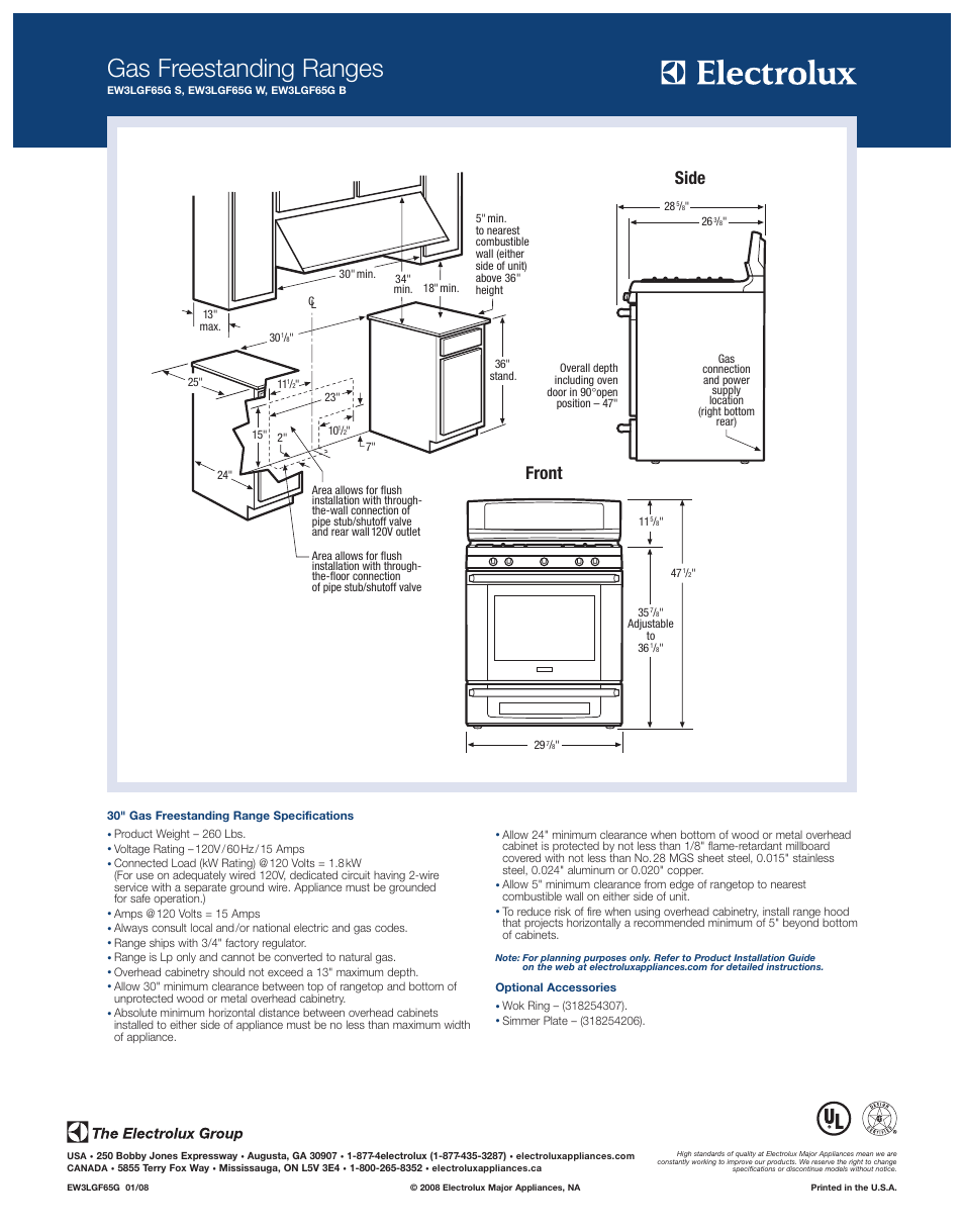 Gas freestanding ranges, Side, Front | Electrolux EW3LGF65G B User Manual | Page 2 / 2
