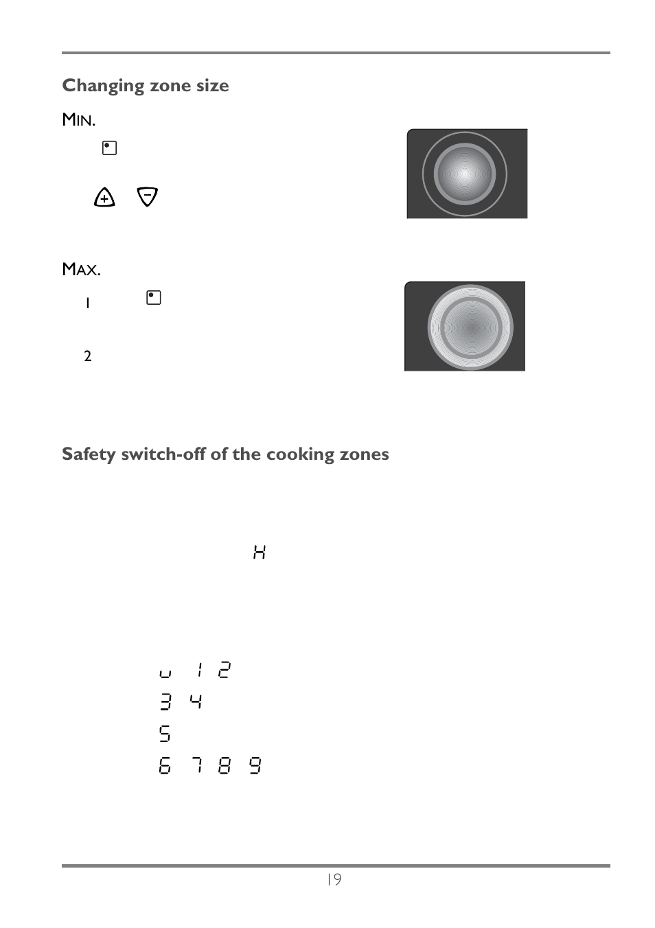 Changing zone size m, Safety switch-off of the cooking zones | Electrolux EKC60752 User Manual | Page 20 / 72