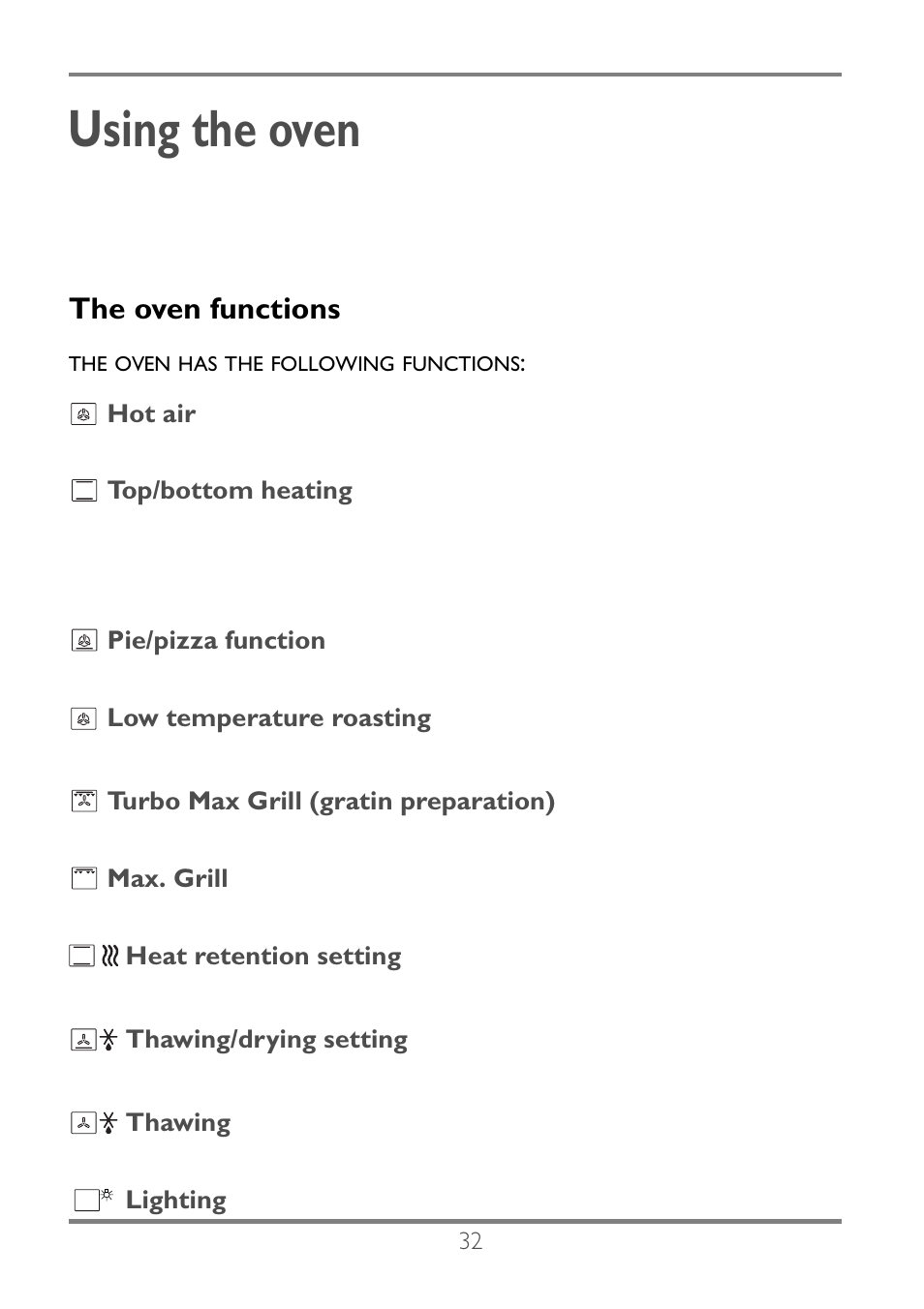 Using the oven, The oven functions | Electrolux EKC60752 User Manual | Page 33 / 72
