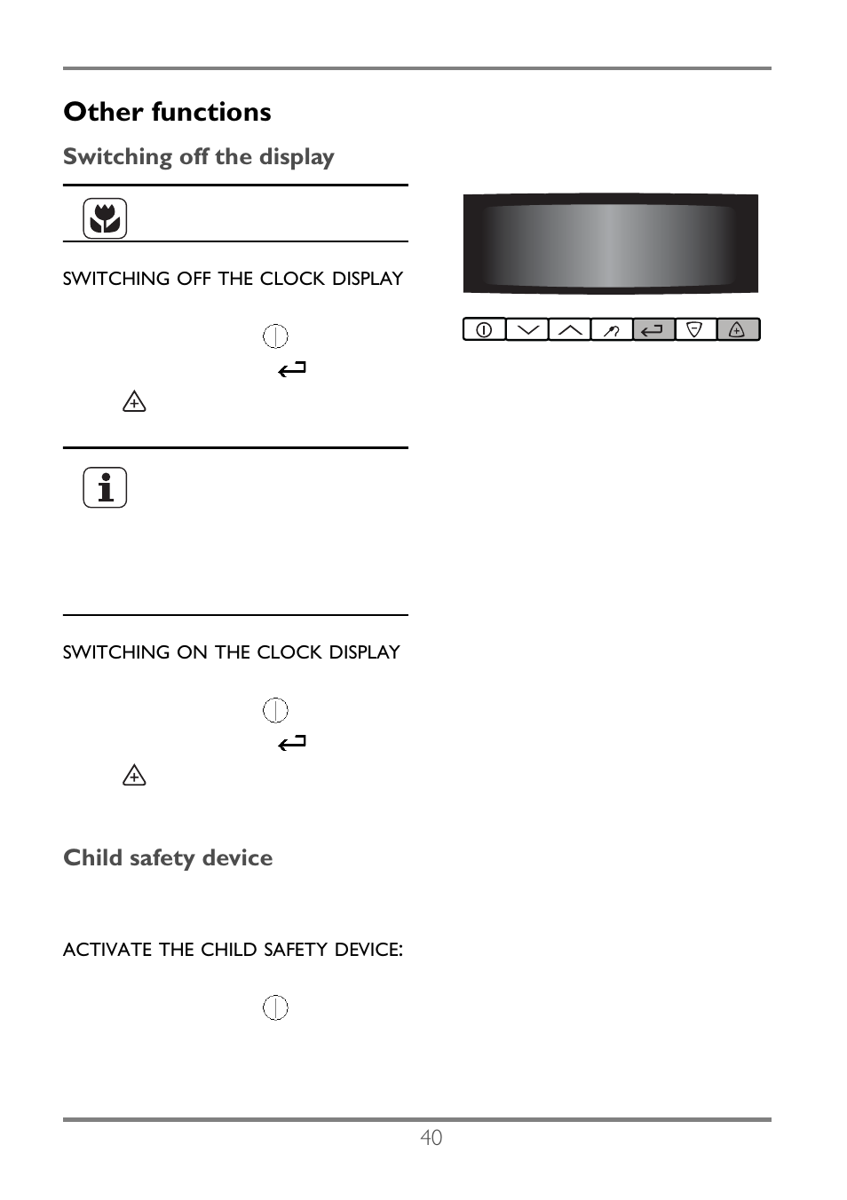 Other functions, Switching off the display, Child safety device | Electrolux EKC60752 User Manual | Page 41 / 72
