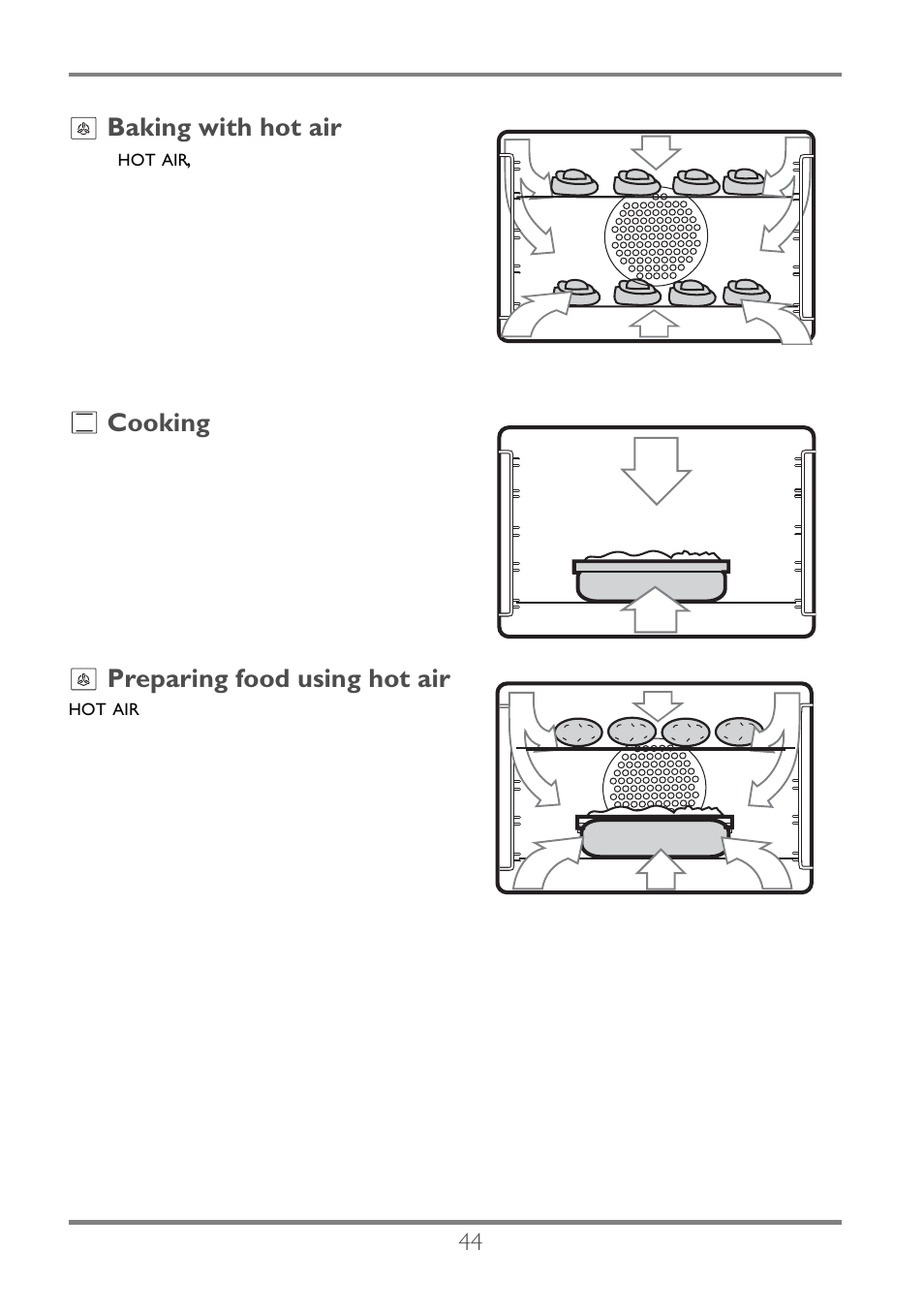 Baking with hot air, Cooking, Preparing food using hot air | Electrolux EKC60752 User Manual | Page 45 / 72
