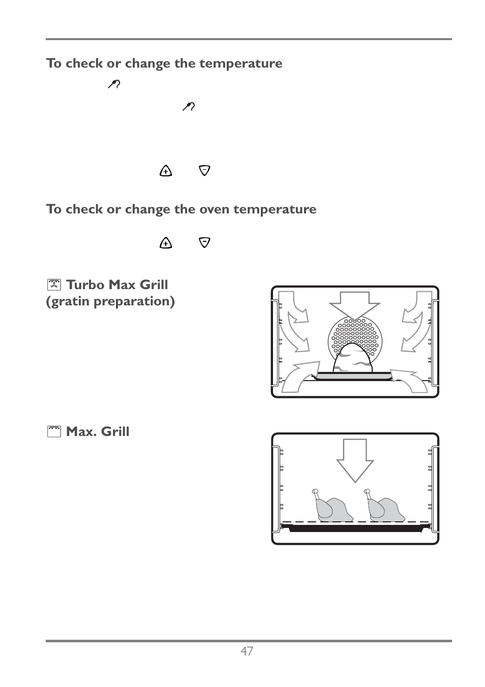 Turbo max grill (gratin preparation), Max. grill | Electrolux EKC60752 User Manual | Page 48 / 72