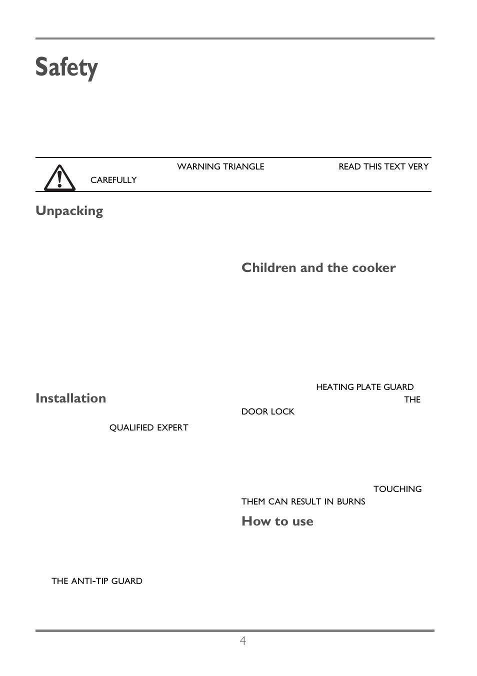 Safety, Unpacking, Installation | Children and the cooker, How to use | Electrolux EKC60752 User Manual | Page 5 / 72