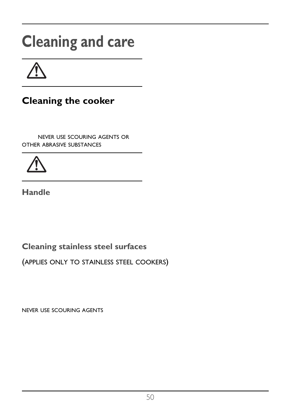 Cleaning and care, Cleaning the cooker, Handle | Cleaning stainless steel surfaces | Electrolux EKC60752 User Manual | Page 51 / 72