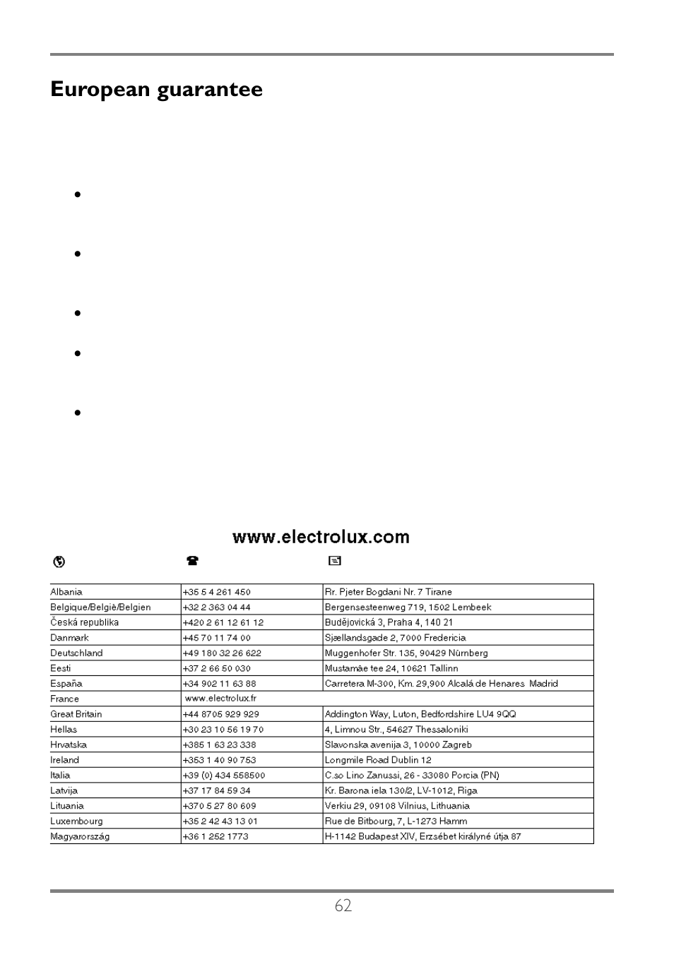 European guarantee | Electrolux EKC60752 User Manual | Page 63 / 72