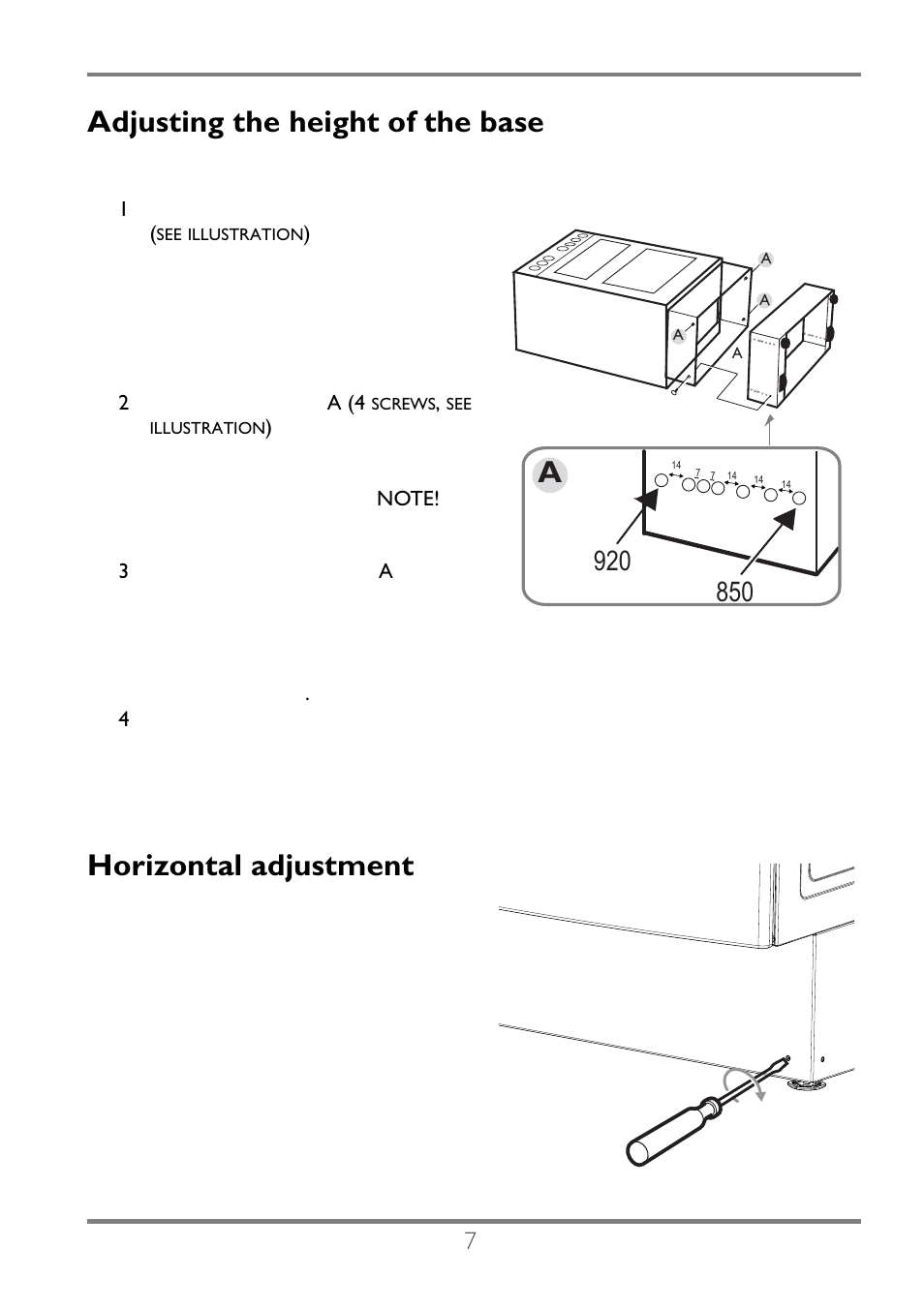 Adjusting the height of the base, Horizontal adjustment | Electrolux EKC60752 User Manual | Page 8 / 72