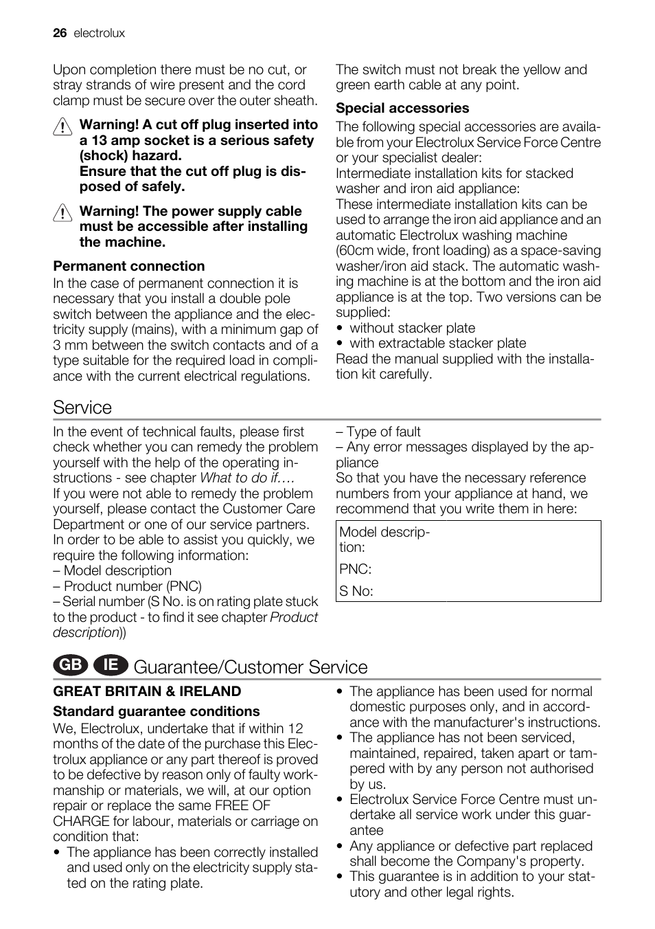 Service, Guarantee/customer service | Electrolux EDI97170W User Manual | Page 26 / 28