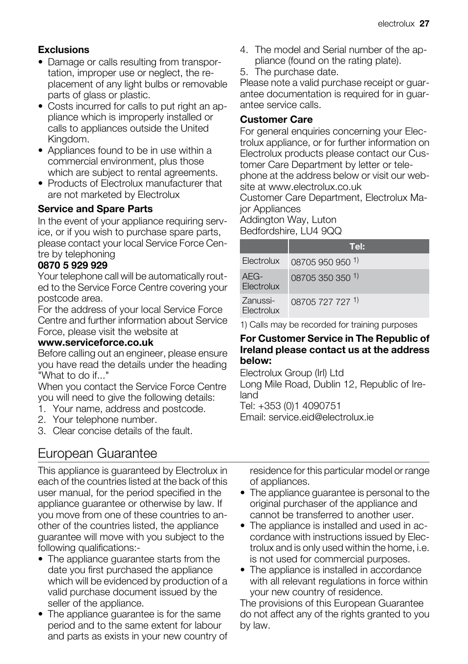 European guarantee | Electrolux EDI97170W User Manual | Page 27 / 28