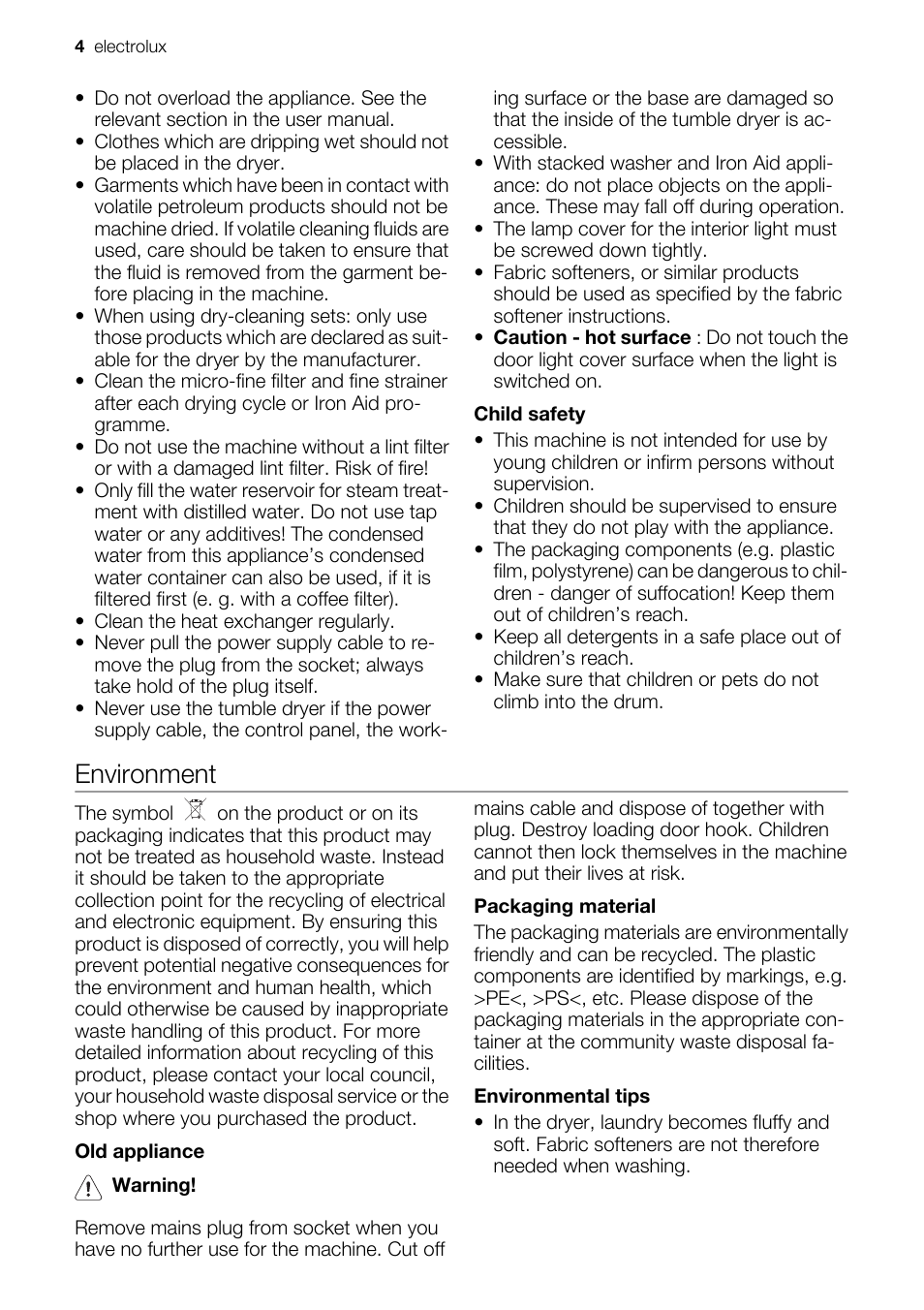 Environment | Electrolux EDI97170W User Manual | Page 4 / 28