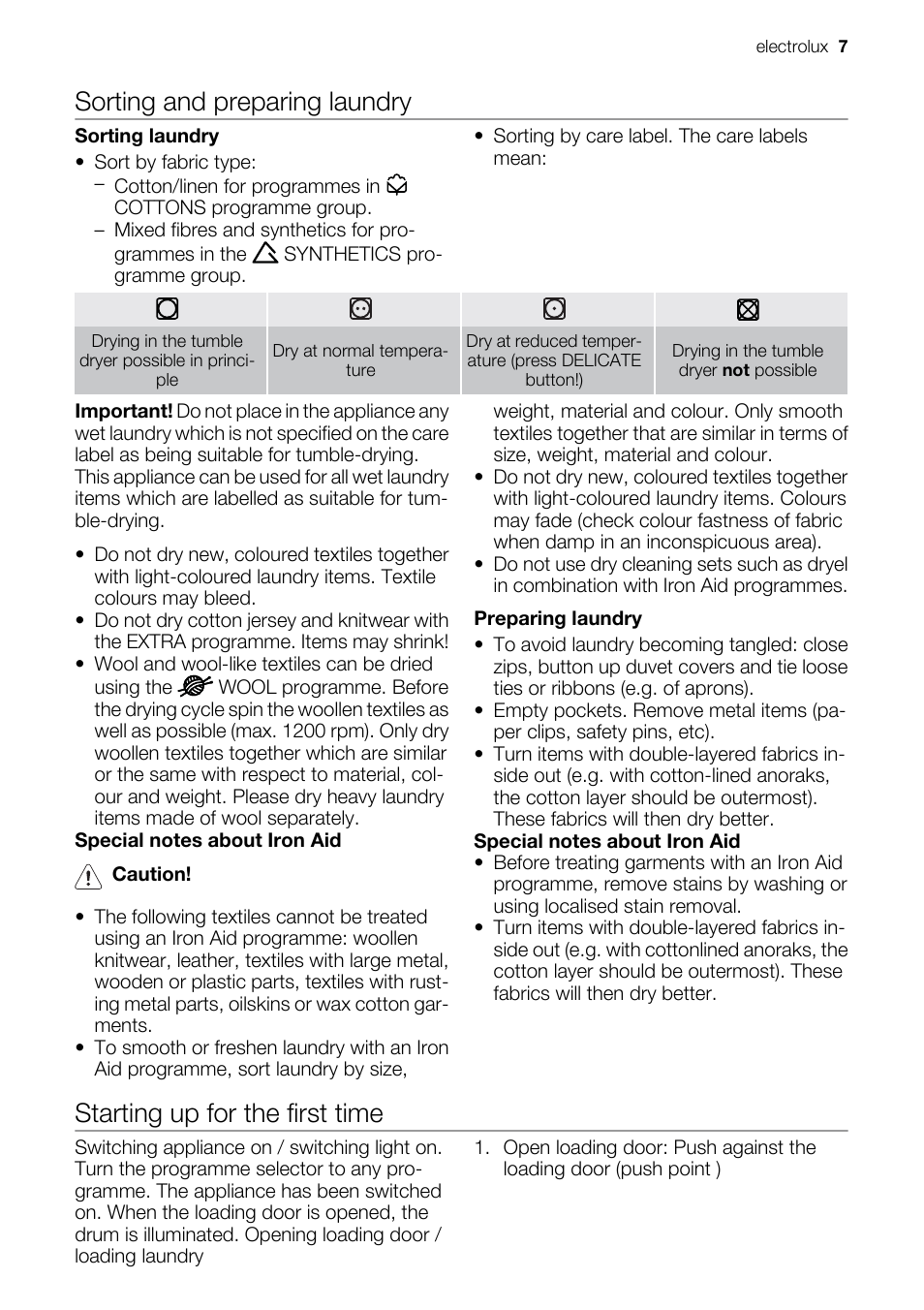 Sorting and preparing laundry, Starting up for the first time | Electrolux EDI97170W User Manual | Page 7 / 28