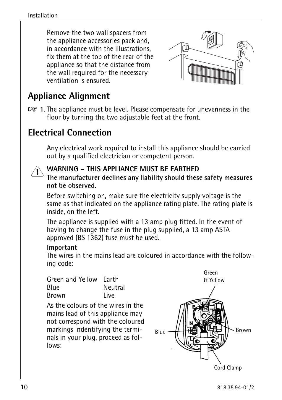 Appliance alignment, Electrical connection | Electrolux ARCTIS 818 35 94-01/2 User Manual | Page 10 / 36