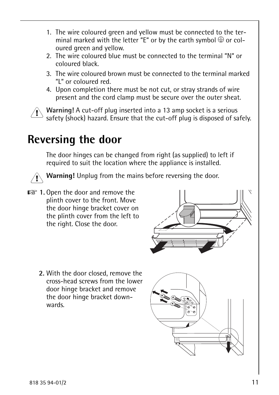 Reversing the door | Electrolux ARCTIS 818 35 94-01/2 User Manual | Page 11 / 36