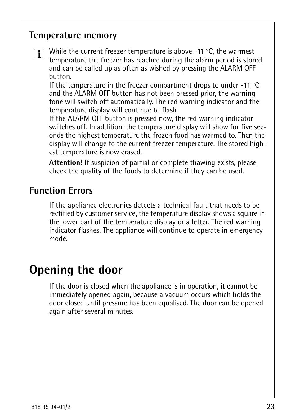 Opening the door, Function errors | Electrolux ARCTIS 818 35 94-01/2 User Manual | Page 23 / 36