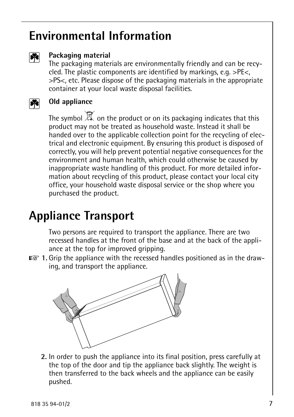 Environmental information 2, Appliance transport | Electrolux ARCTIS 818 35 94-01/2 User Manual | Page 7 / 36