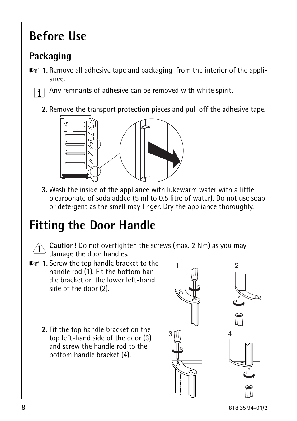 Before use, Fitting the door handle, Packaging | Electrolux ARCTIS 818 35 94-01/2 User Manual | Page 8 / 36