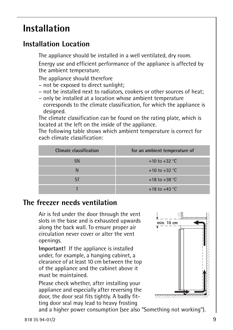 Installation, Installation location, The freezer needs ventilation | Electrolux ARCTIS 818 35 94-01/2 User Manual | Page 9 / 36