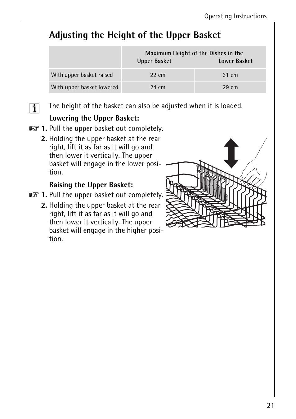 Adjusting the height of the upper basket | Electrolux 50740 User Manual | Page 21 / 44