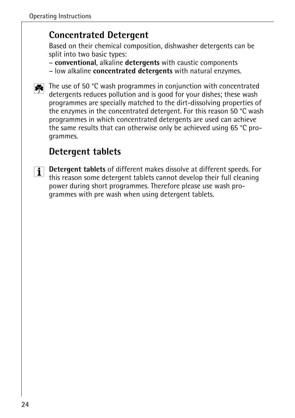 Concentrated detergent, Detergent tablets | Electrolux 50740 User Manual | Page 24 / 44