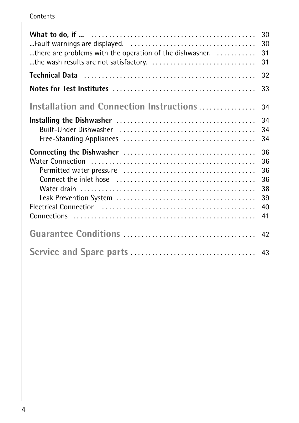 Installation and connection instructions, Guarantee conditions, Service and spare parts | Electrolux 50740 User Manual | Page 4 / 44