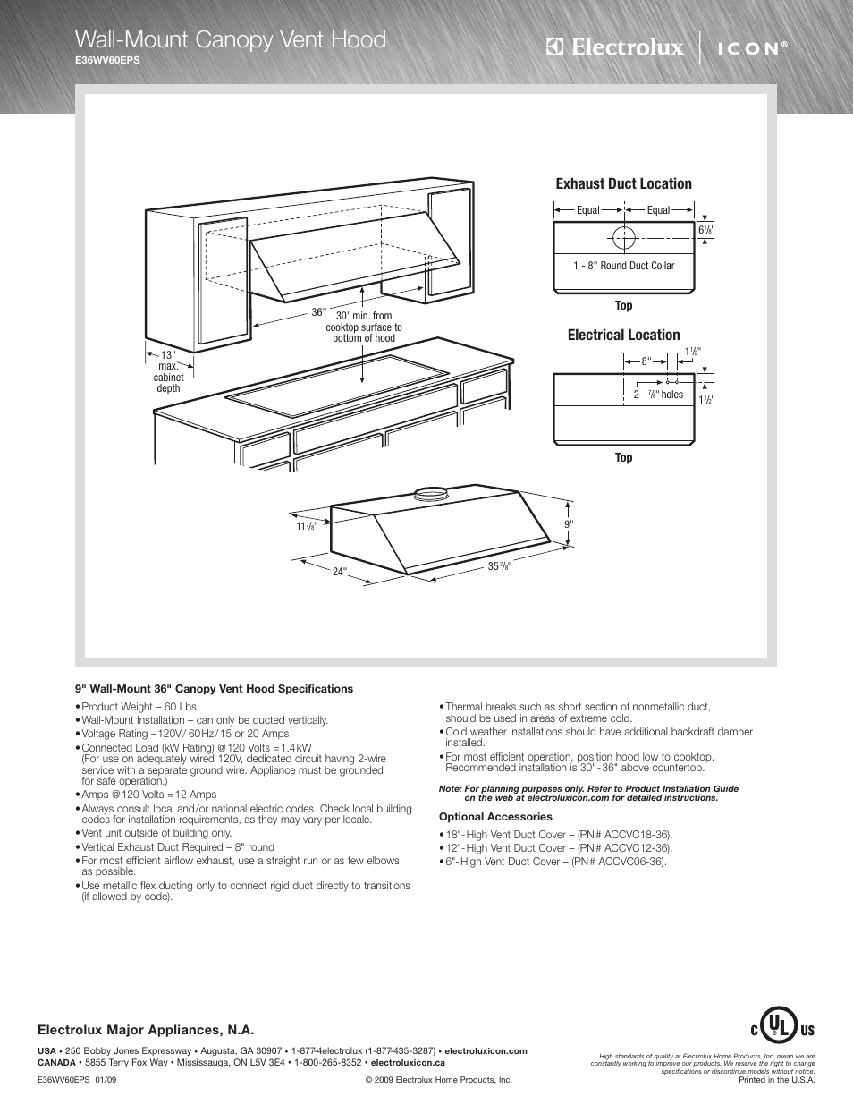 Wall-mount canopy vent hood, Exhaust duct location, Electrical location | Electrolux WALL-MOUNT E36WV60EPS User Manual | Page 2 / 2