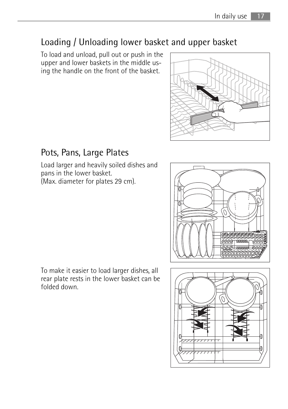 Loading / unloading lower basket and upper basket, Pots, pans, large plates | Electrolux 60870 User Manual | Page 17 / 48