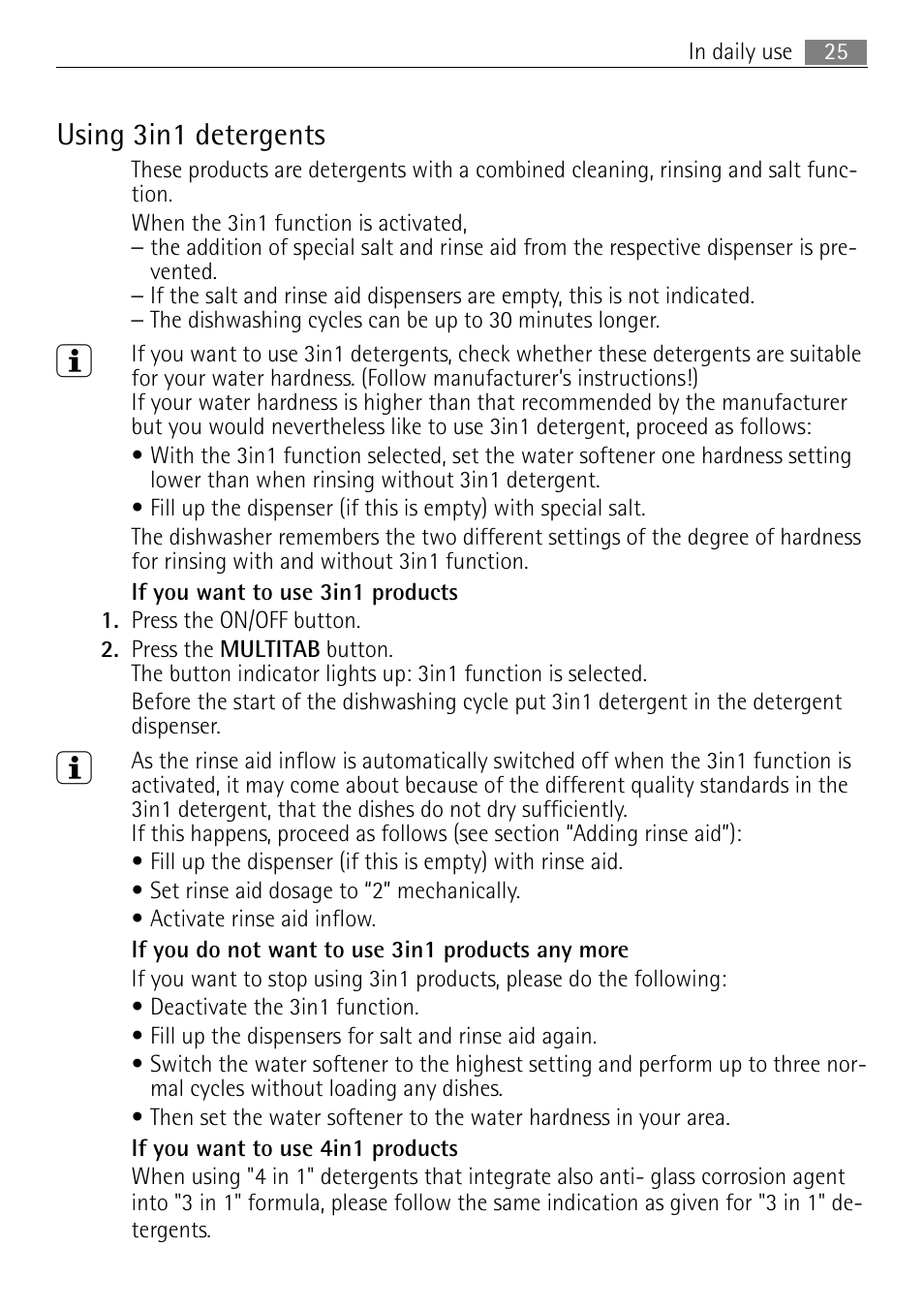 Using 3in1 detergents | Electrolux 60870 User Manual | Page 25 / 48