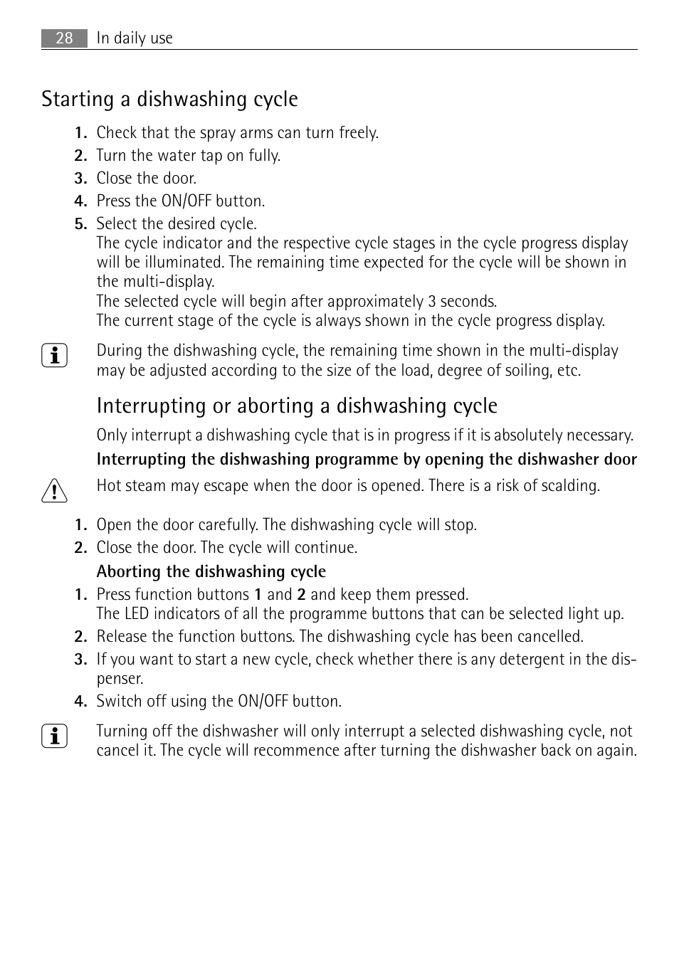 Starting a dishwashing cycle, Interrupting or aborting a dishwashing cycle | Electrolux 60870 User Manual | Page 28 / 48