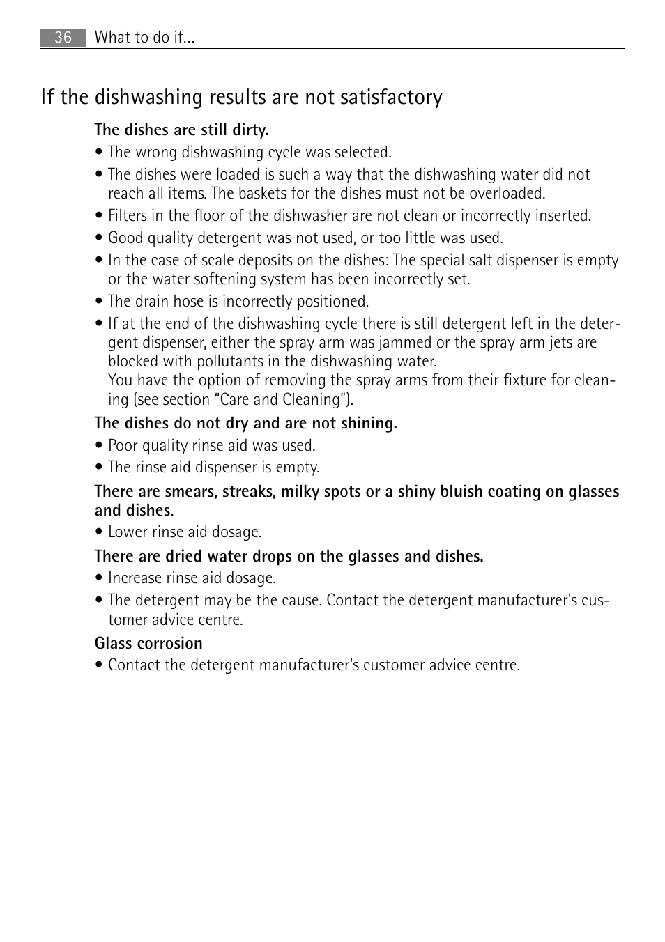 If the dishwashing results are not satisfactory | Electrolux 60870 User Manual | Page 36 / 48