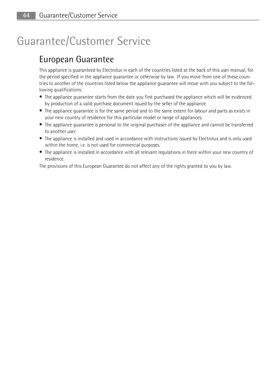 Guarantee/customer service, European guarantee | Electrolux 60870 User Manual | Page 44 / 48