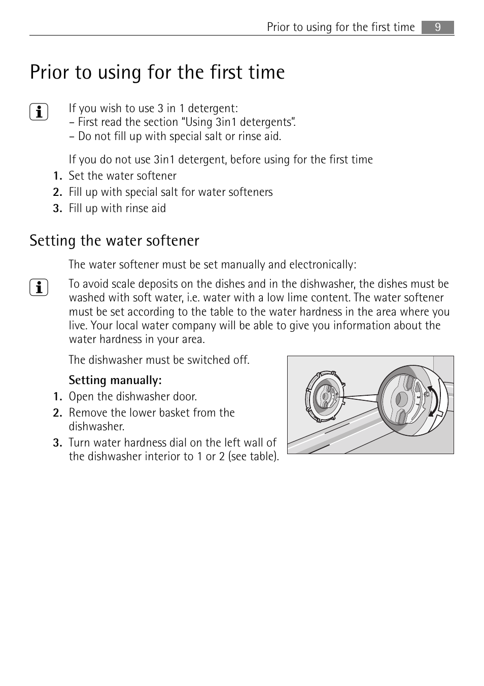 Prior to using for the first time 3, Setting the water softener | Electrolux 60870 User Manual | Page 9 / 48