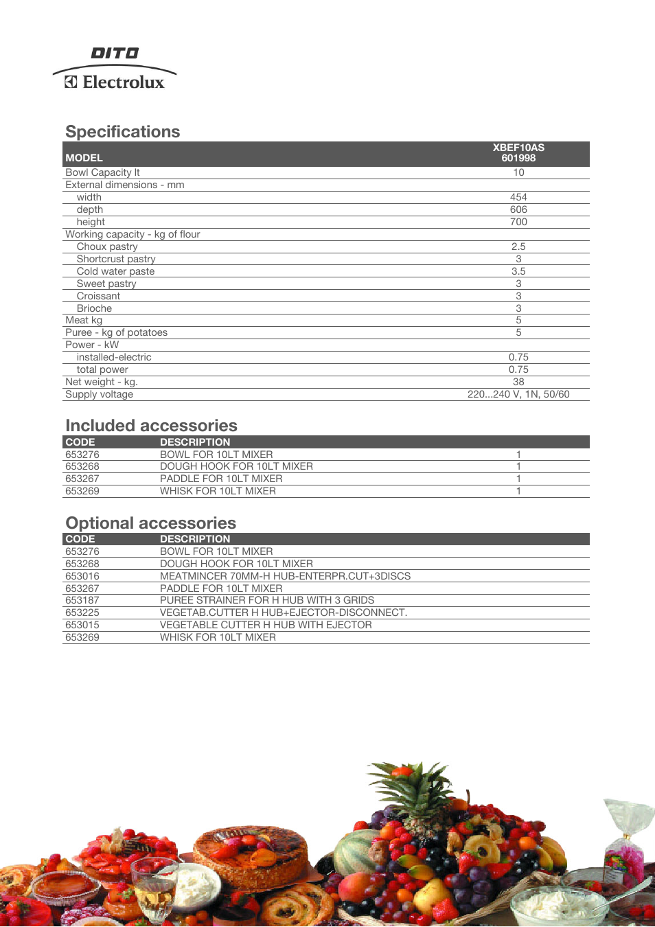 Specifications, Included accessories, Optional accessories | Electrolux XBEF10AS User Manual | Page 2 / 4