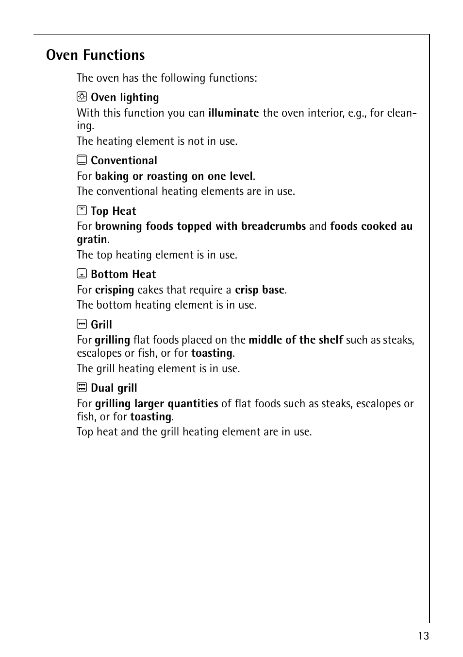 Oven functions | Electrolux COMPETENCE B1100-3 User Manual | Page 13 / 44