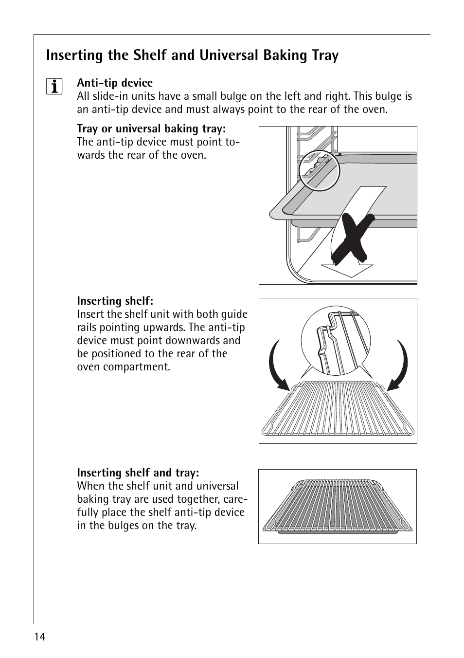 Inserting the shelf and universal baking tray | Electrolux COMPETENCE B1100-3 User Manual | Page 14 / 44