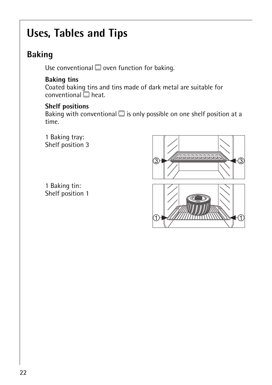 Uses, tables and tips, Baking | Electrolux COMPETENCE B1100-3 User Manual | Page 22 / 44