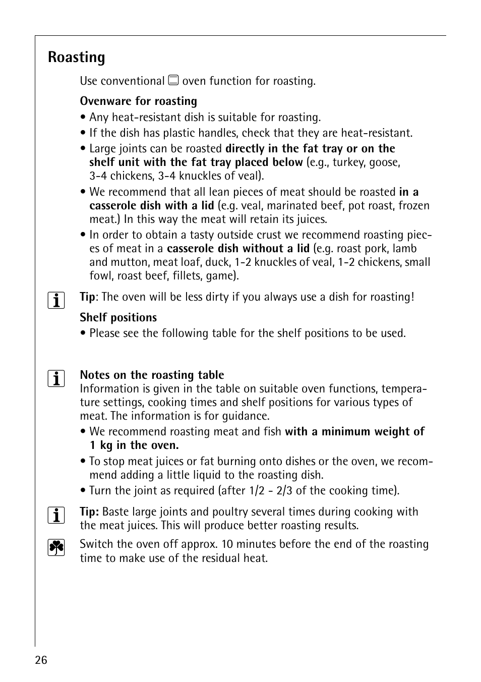 Roasting | Electrolux COMPETENCE B1100-3 User Manual | Page 26 / 44