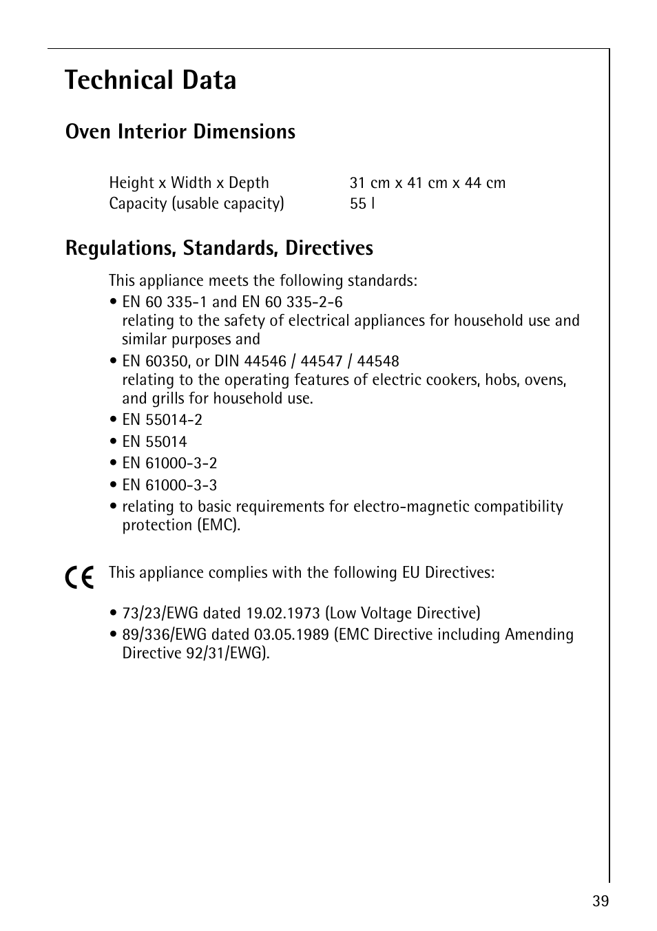 Technical data, Oven interior dimensions, Regulations, standards, directives | Electrolux COMPETENCE B1100-3 User Manual | Page 39 / 44