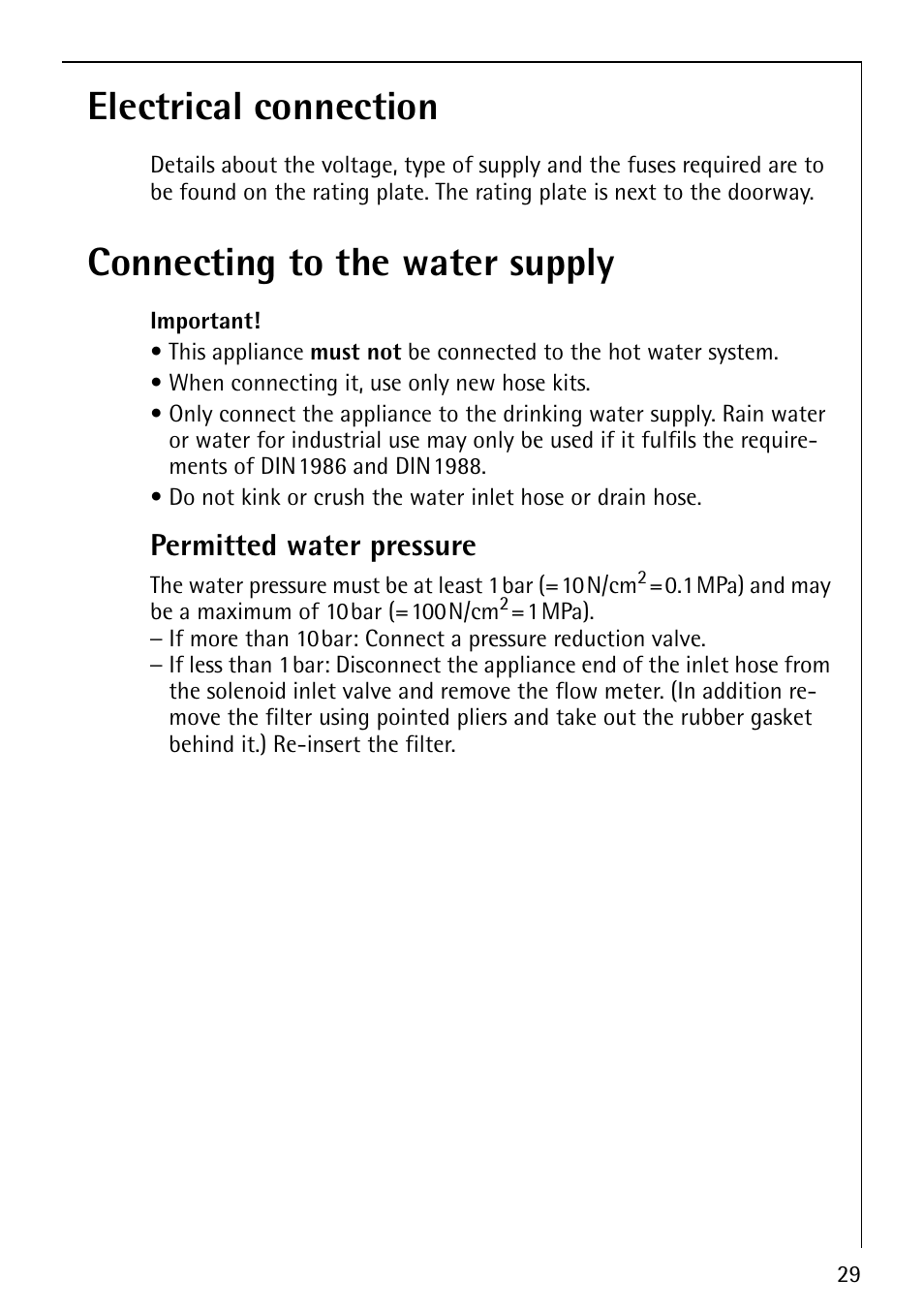 Electrical connection, Connecting to the water supply, Permitted water pressure | Electrolux LAVAMAT 62610 User Manual | Page 29 / 36