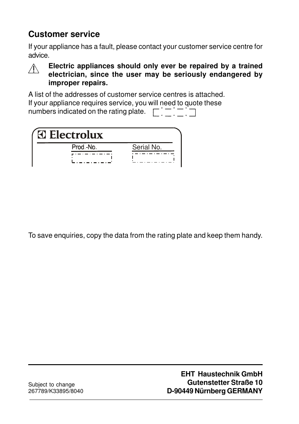 Customer service | Electrolux ELECTRONIC BASIC IH 18 User Manual | Page 20 / 20