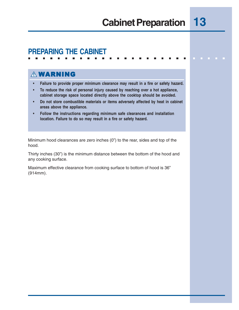 Cabinet preparation, Preparing the cabinet | Electrolux Vent Hood E48WV12EPS User Manual | Page 13 / 18