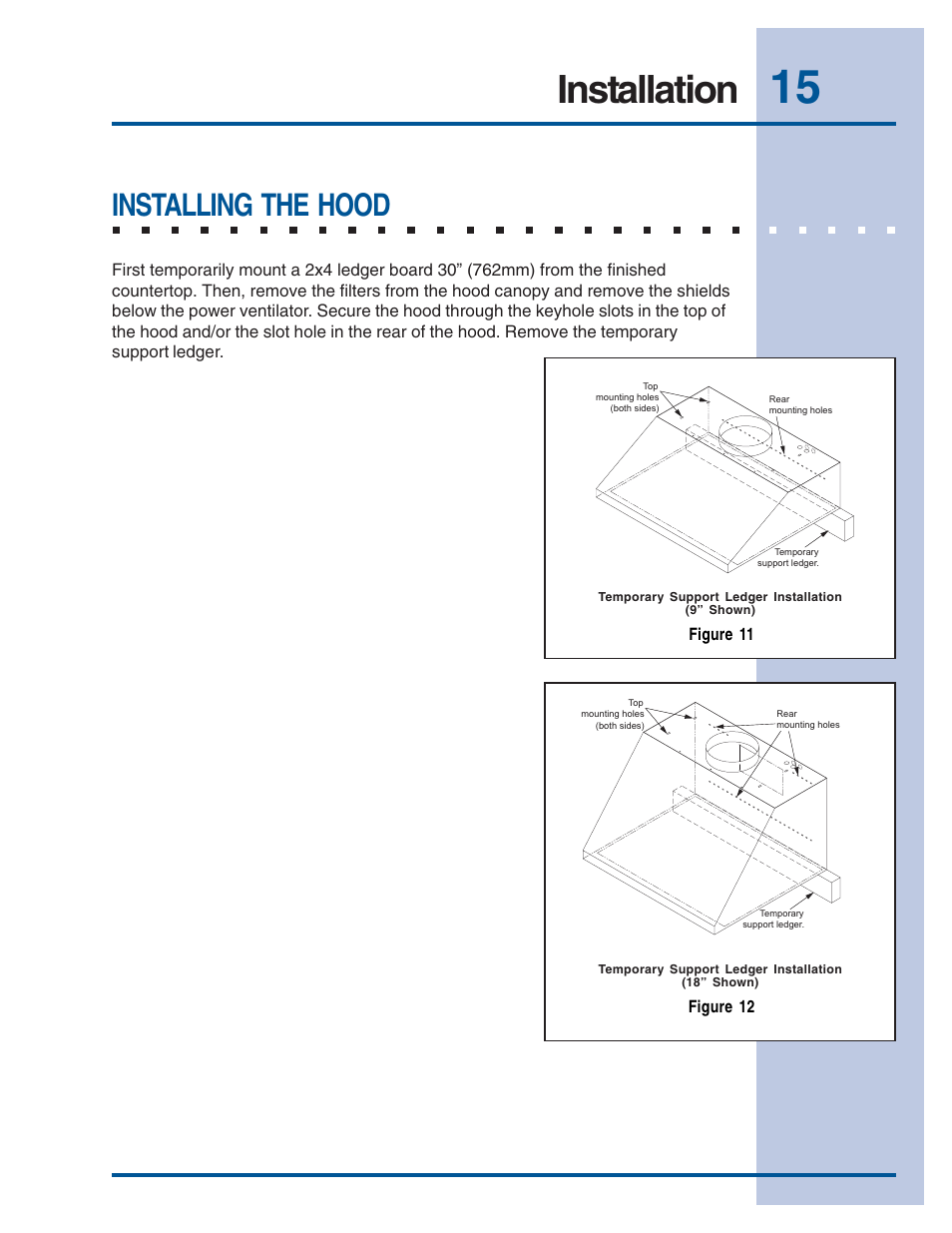 Installation, Installing the hood | Electrolux Vent Hood E48WV12EPS User Manual | Page 15 / 18