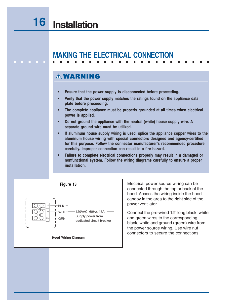 Installation, Making the electrical connection, Warning | Electrolux Vent Hood E48WV12EPS User Manual | Page 16 / 18