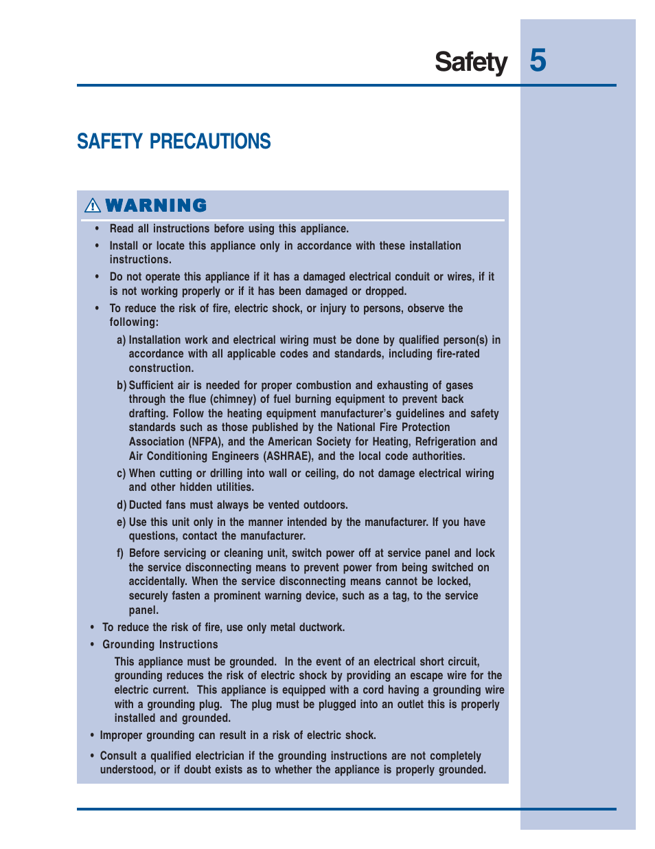 Safety, Safety precautions, Warning | Electrolux Vent Hood E48WV12EPS User Manual | Page 5 / 18