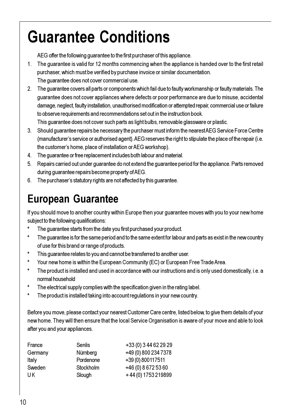 Guarantee conditions, European guarantee | Electrolux 95752 G User Manual | Page 10 / 24