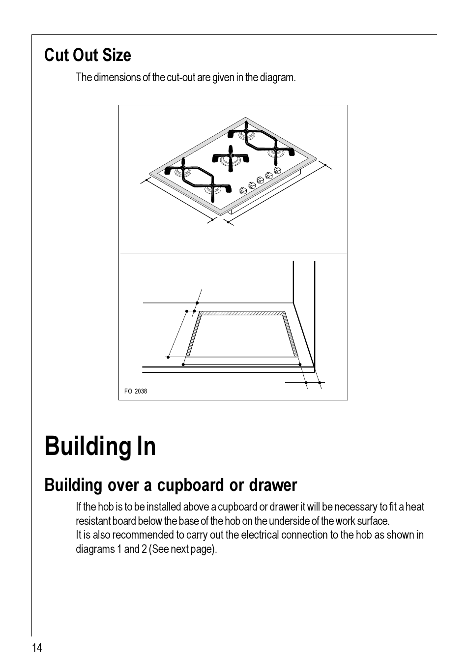 Building in, Cut out size, Building over a cupboard or drawer | Electrolux 95752 G User Manual | Page 14 / 24