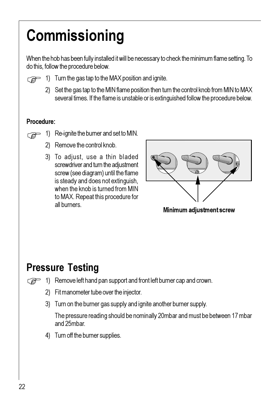 Commissioning, Pressure testing | Electrolux 95752 G User Manual | Page 22 / 24