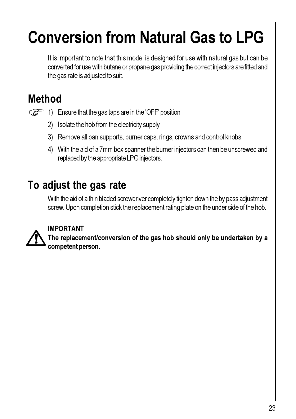 Conversion from natural gas to lpg, Method | Electrolux 95752 G User Manual | Page 23 / 24